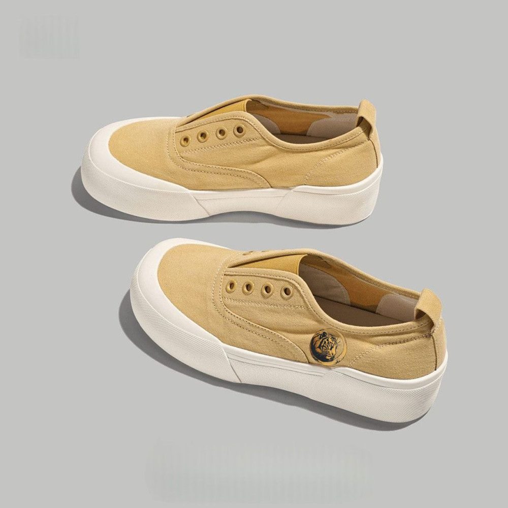 Beige Canvas Slip-On Platform Sneakers with Tiger Crest