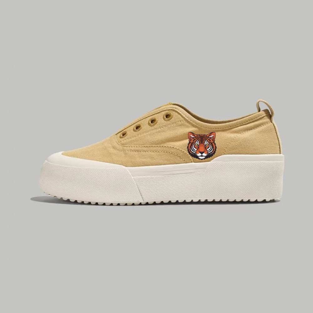 Beige Suede Slip-On Platform Sneakers with Mini Tiger Embroidery