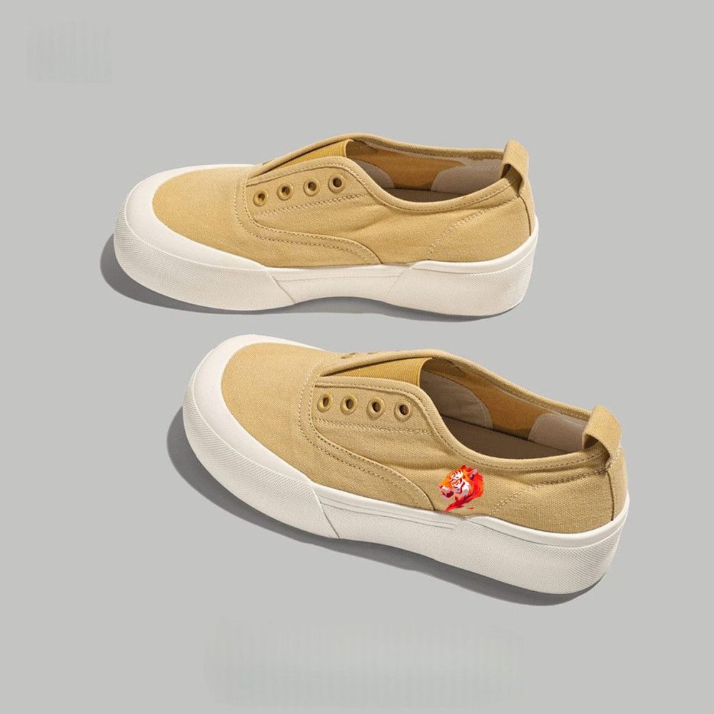 Beige Suede Slip-On Platform Sneakers with Vibrant Tiger Patch
