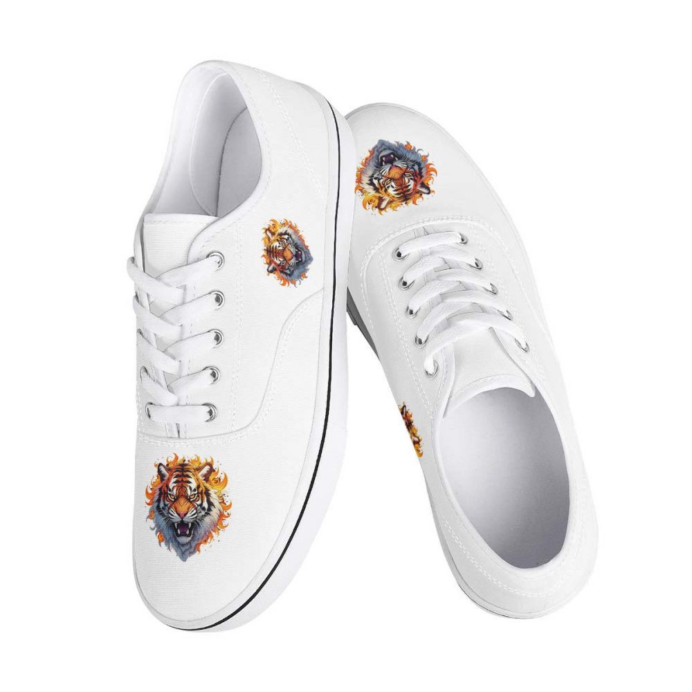 White Canvas Sneakers with Flame-Accented Tiger Embroidery